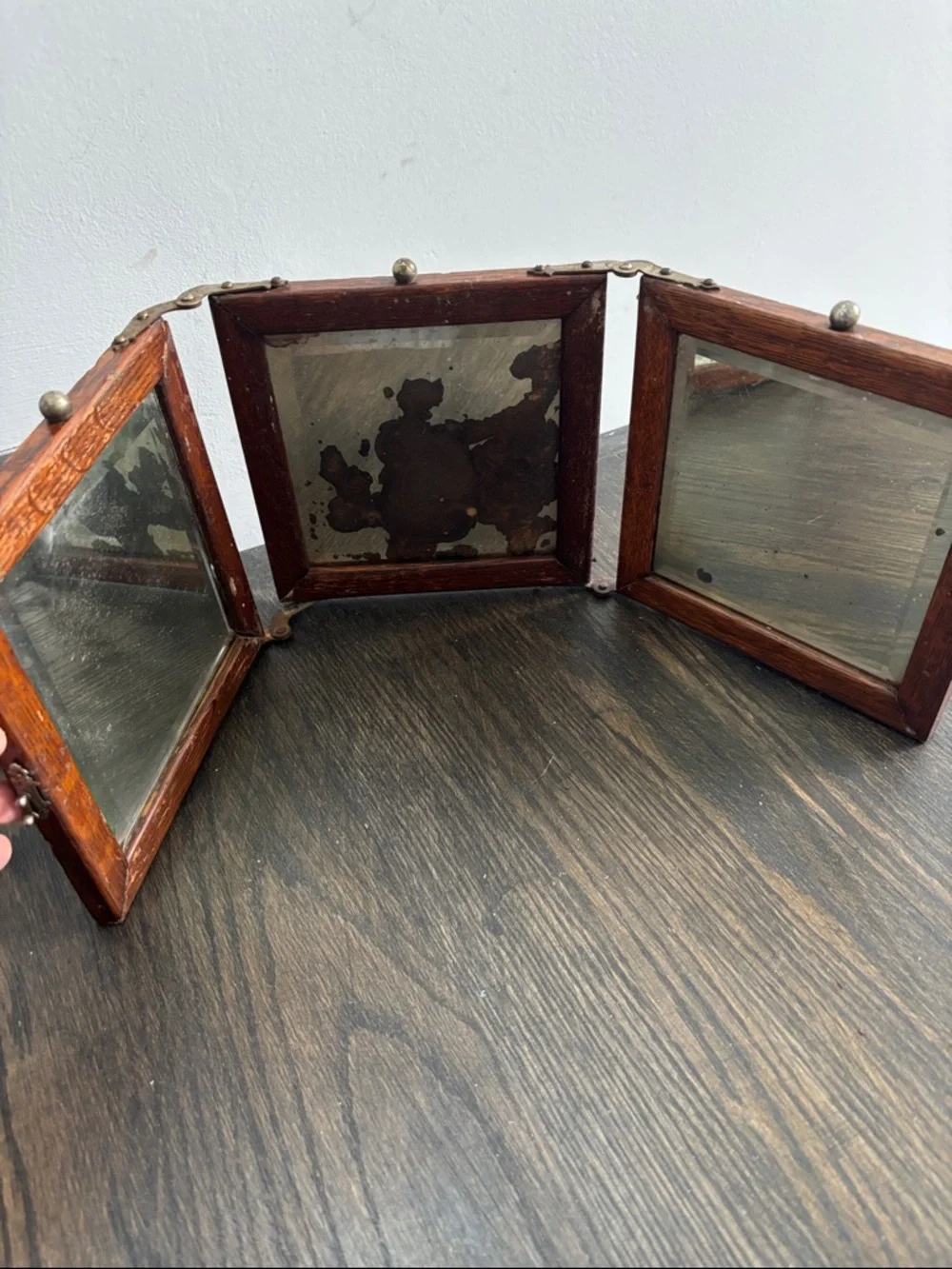 Vintage triple wood framed mirrors, beveled glass,hinges,patina,7.25x7.25” each